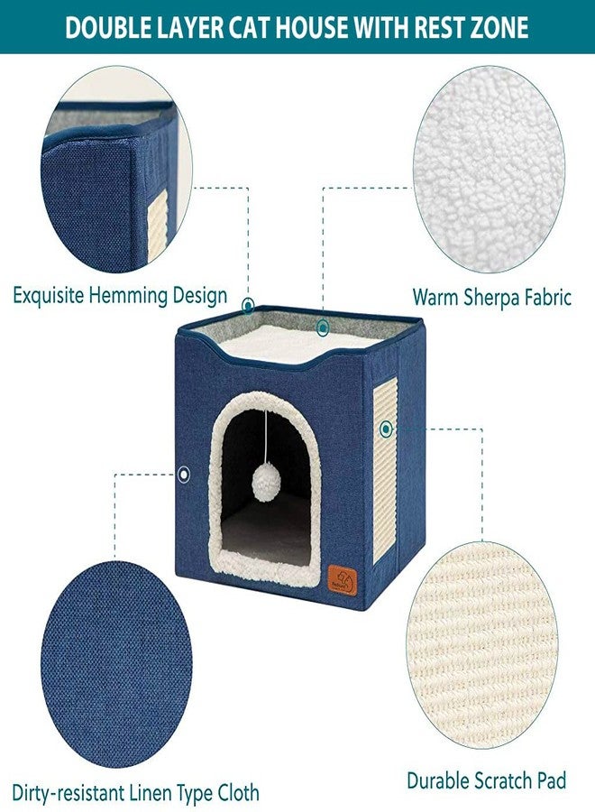 Qpets® Cat Beds for Cats Large Cat House Cat Cave for Pet Cat House with Fluffy Ball Hanging Toy and Scratch Pad, Foldable Cat House Cat Hidewawy, Blue, 16.5x16.5x14 inches - Image 3